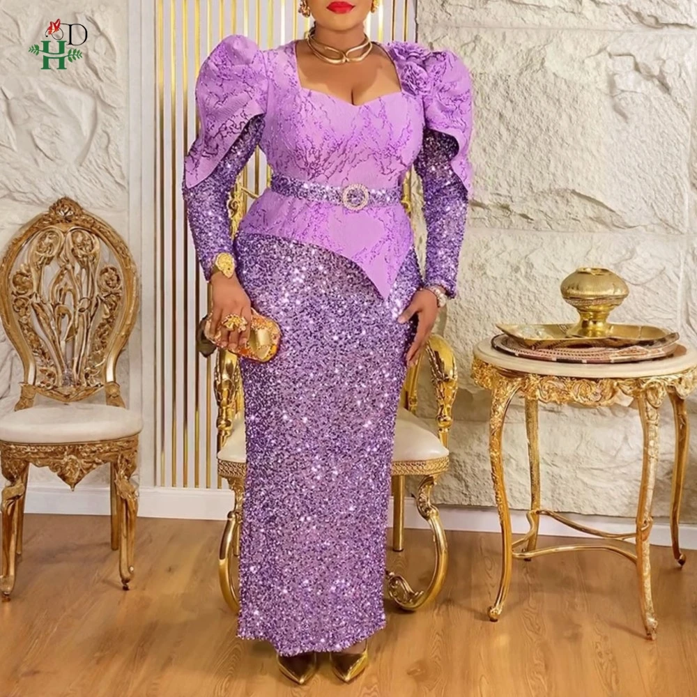 

Африканское женское платье больших размеров с пайетками и квадратным вырезом, пышное платье с плечами и длинными рукавами, пояс для свадебной вечеринки, Рождества