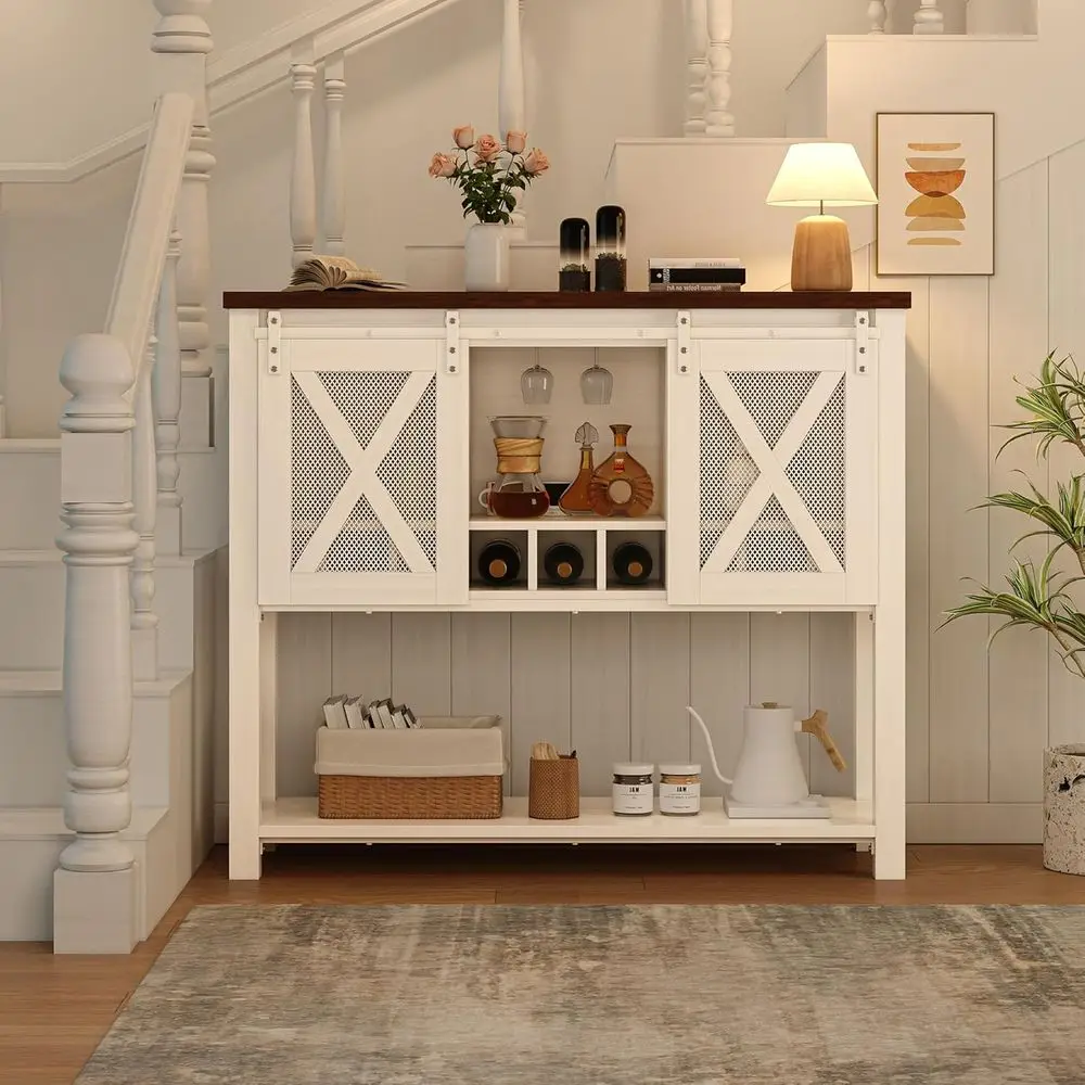 

Sliding Barn Door Sideboard with Storage Shelf & Wine Rack for Rustic Coffee Bar in Dining or Entryway