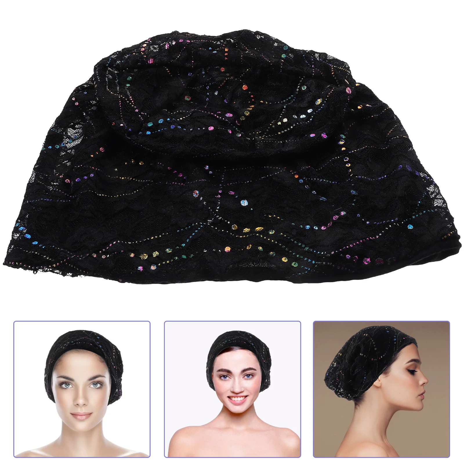 

1Pcs Lace Breathable Hollow Cap Thin Flexible Headscarf Windproof Fashion Hair Accessory for Women Daily Outdoor Use Black