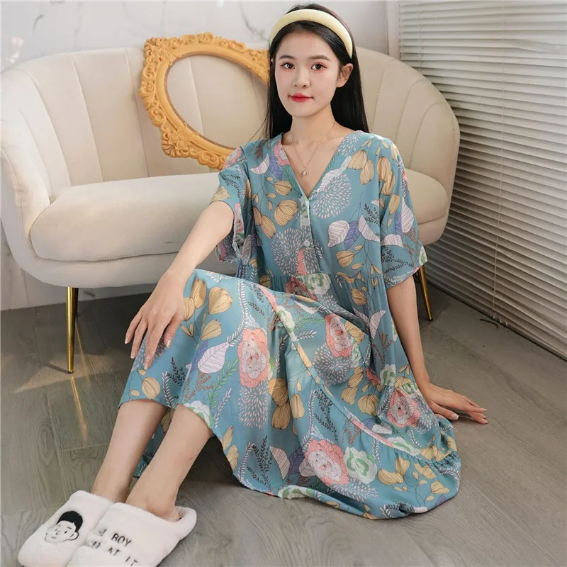 New Cotton Rayon Sleeping Dress Spring Summer Thin Outwear V-Neck Loose Large Size Long Dresses Home Wear Nightgowns Women