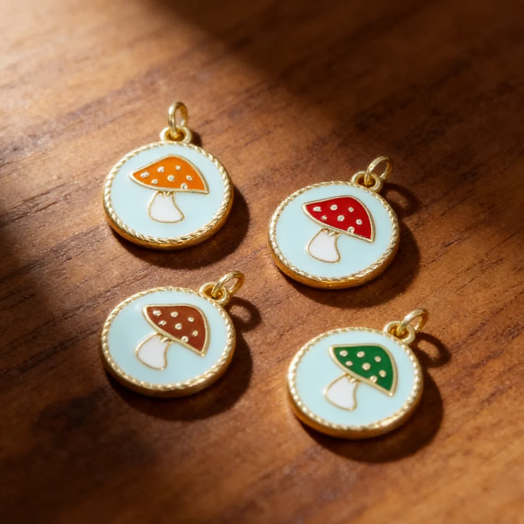 4Pcs Pendants Sparkling Enamel Cute Mushroom Round Charms Brass DIY Jewelry Accessories for Necklace Bracelet Making Supplies