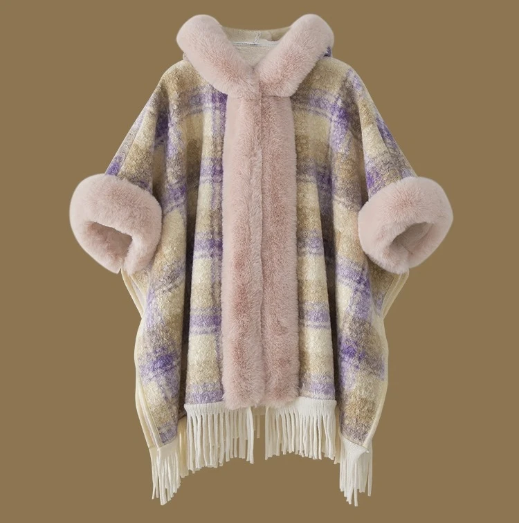 Autumn Winter Women's Blue White Patchwork Woolen Tassel Cape Coat Fleece Lined Thickened Warm Pink Yellow Plaid Hooded Shawl