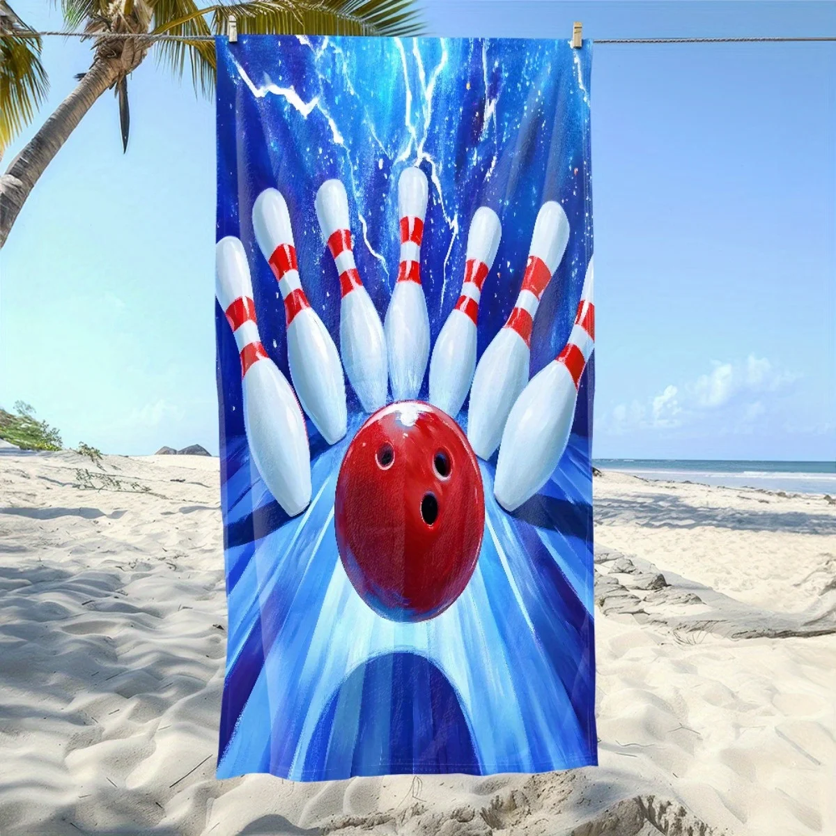 Bowling Beach Towel - Strike Ball & Pins Print, Blue Lightning Design, Fun Sports Gift, Soft Microfiber, Multiple Sizes