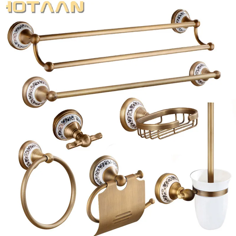 Antique Brushed Solid Brass Bathroom Accessories Sets European Porcelain Bathroom Hardware Sets Ceramic Retro Bathroom Products