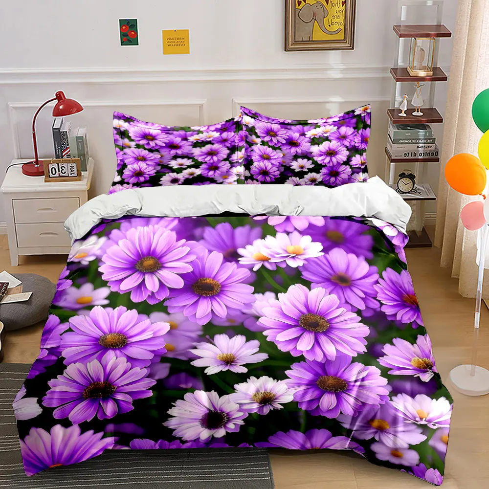 Purple Floral Decoration Set Bedding Set with 1 Duvet Cover 2 Pillowcases Single Double King Queen, Gift