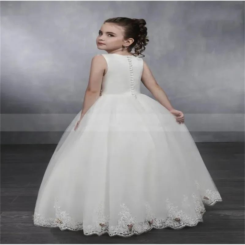 Vestido de tule branco fofo para meninas, decalque 3D com renda, sem mangas, casamento, elegante, primeira comunhão, vestido de festa