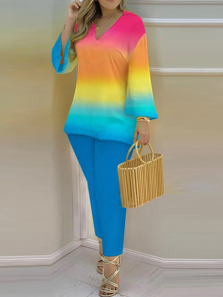 

New Spring Summer Loungewear Slim Fit V-Neck Pullover Top 2PCS Matching Set Women Printing Sportswear Ladies Outfit Dropshipping