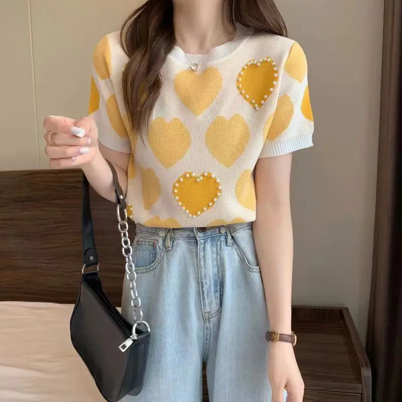 Sweet Women Casual Chic Knit Set Pearl Splice Love Summer T-Shirt Top With Casual Wide Leg Pants Office Lady\'s Elegant Home Wear