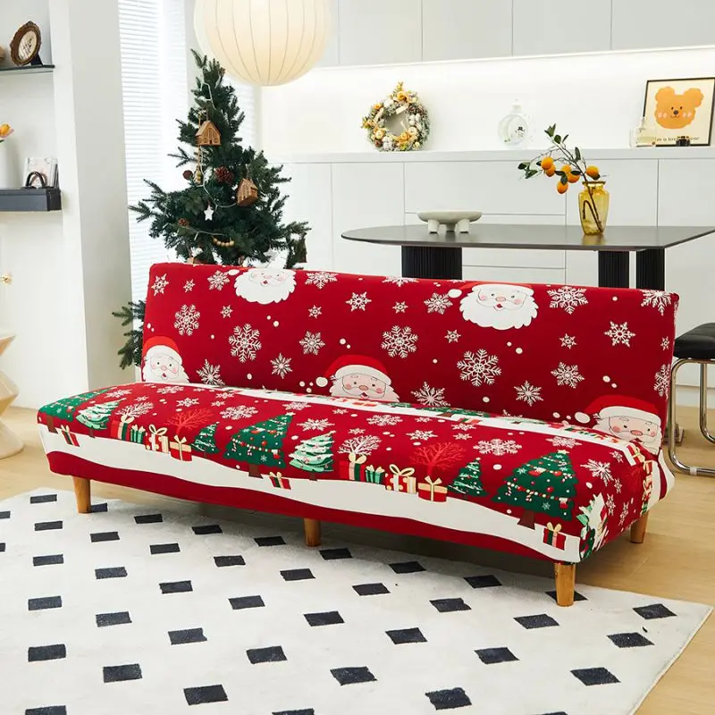Christmas Decoration Armless Sofa Bed Covers for Living Room 2 3-seater Couch Cover Without Armrests Stretch Folding Futon Cover