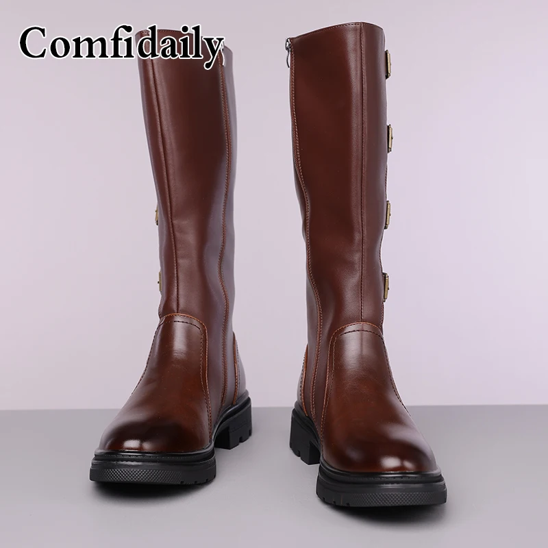 

Men Thick Soled High Top Boots Autumn Winter New Styles Simple Fashionable Belt Buckle Side Zipper High-end Motorcycle Boots