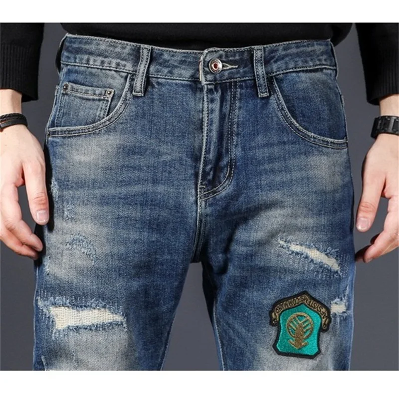 EH · MD Patch Jeans cuciti Tessuto a rete traspirante da uomo Fodera interna Fori raschiati Pantaloni Ricamati Morbido elastico Cat Claw Mark