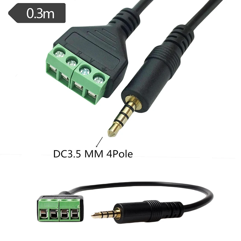 3.5mm Male 4 pole Audio Video to Screw Terminal Block Plug Connector Cable 0.3m