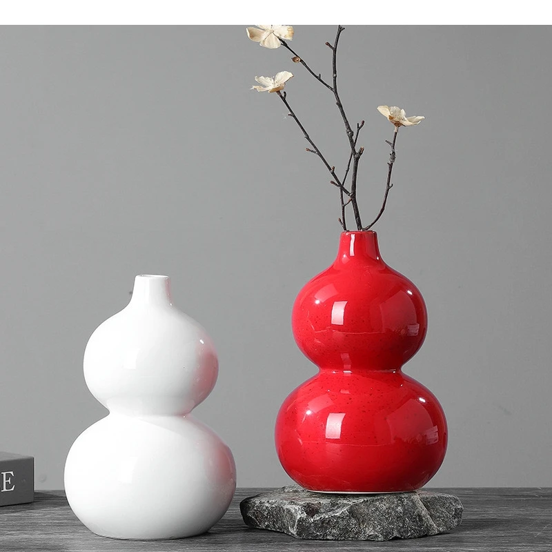 Ceramic Vase Red Hulu Shape Ashi Desktop Ornament Handicrafts Flower Arrangement Accessories Pot Home Decoration