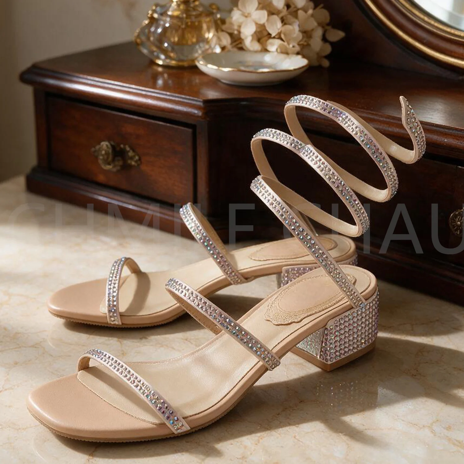 Measure Your Feet Length Before OrderCrystal Strappy Luxury Designer Women Elegant Sandal Block High Heel Party Shoe 87-CHC-33
