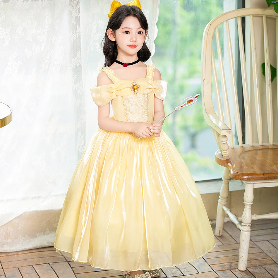 Girls Princess Costume Children Belle Cosplay Dress Baby Beauty and Beast Halloween Disguise Summer Dinner Clothes 3-10 Years