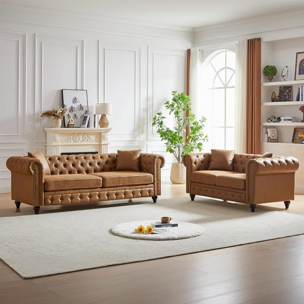 

2-Piece Tech Fabric Upholstered Living Room Sofa Set, Including 3-Seater Sofa and Loveseat with Four Pillows Included