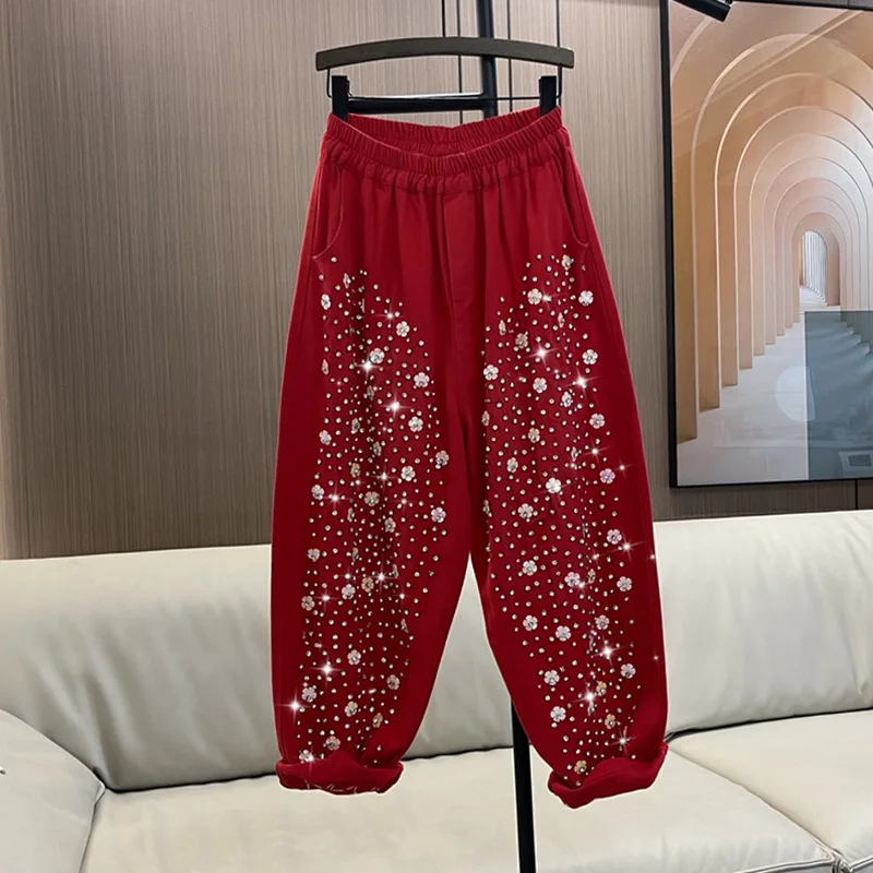 Heavy Industry Beaded Sequins Color Casual Pants Women Spring Autumn New High Waist Harlan Pants Loose Versatile Pants