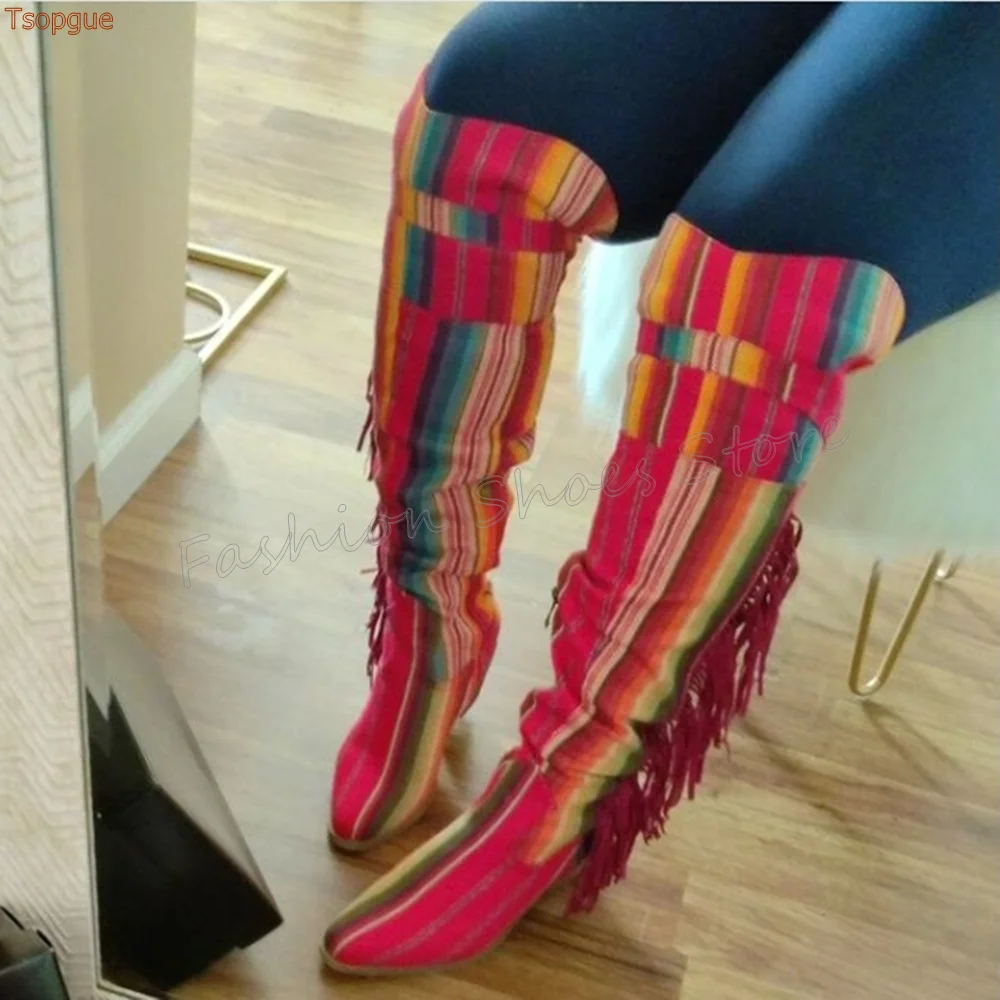ผสมสีรอบ Toe รองเท้าเข่าสูง Chunky รองเท้าส้นสูงรองเท้าส้นสูงรองเท้าแฟชั่นผู้หญิงรองเท้าส้นสูง 2025 ใหม่ Zapatos Para Mujere