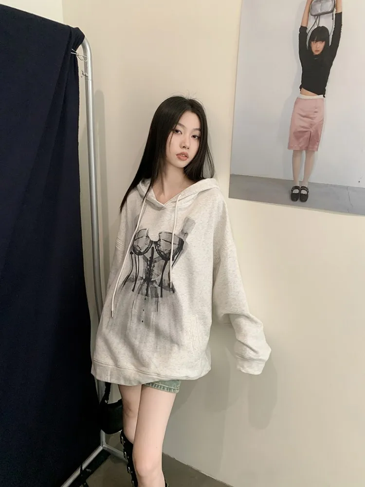 Flower Gray Hooded Sweatshirt For Women'S Spring And Autumn New Style Dance Skirt With Printed Design, Loose Shoulder Top