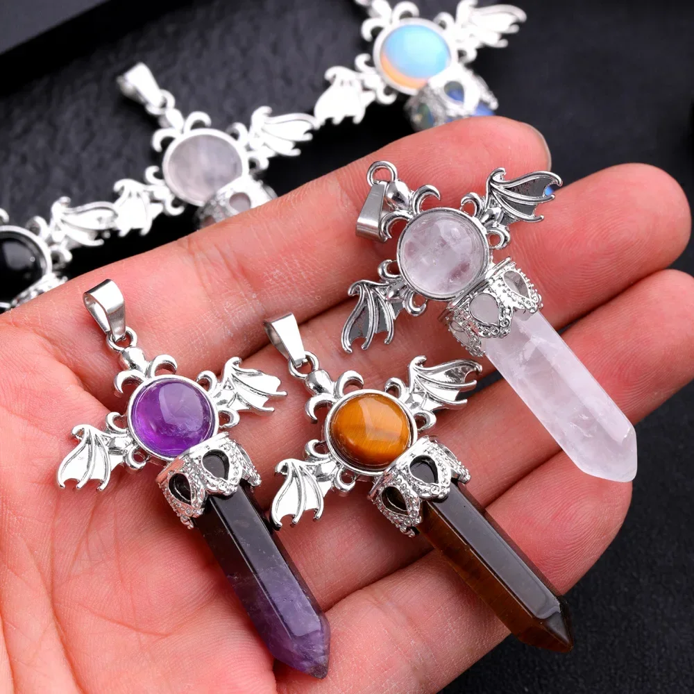 JOYA GIFTNew Hand Carved Natural Crystal Angel Wings Hexagonal pointed pillar Pendant Healing  Calm the Mood Jewelry Gift
