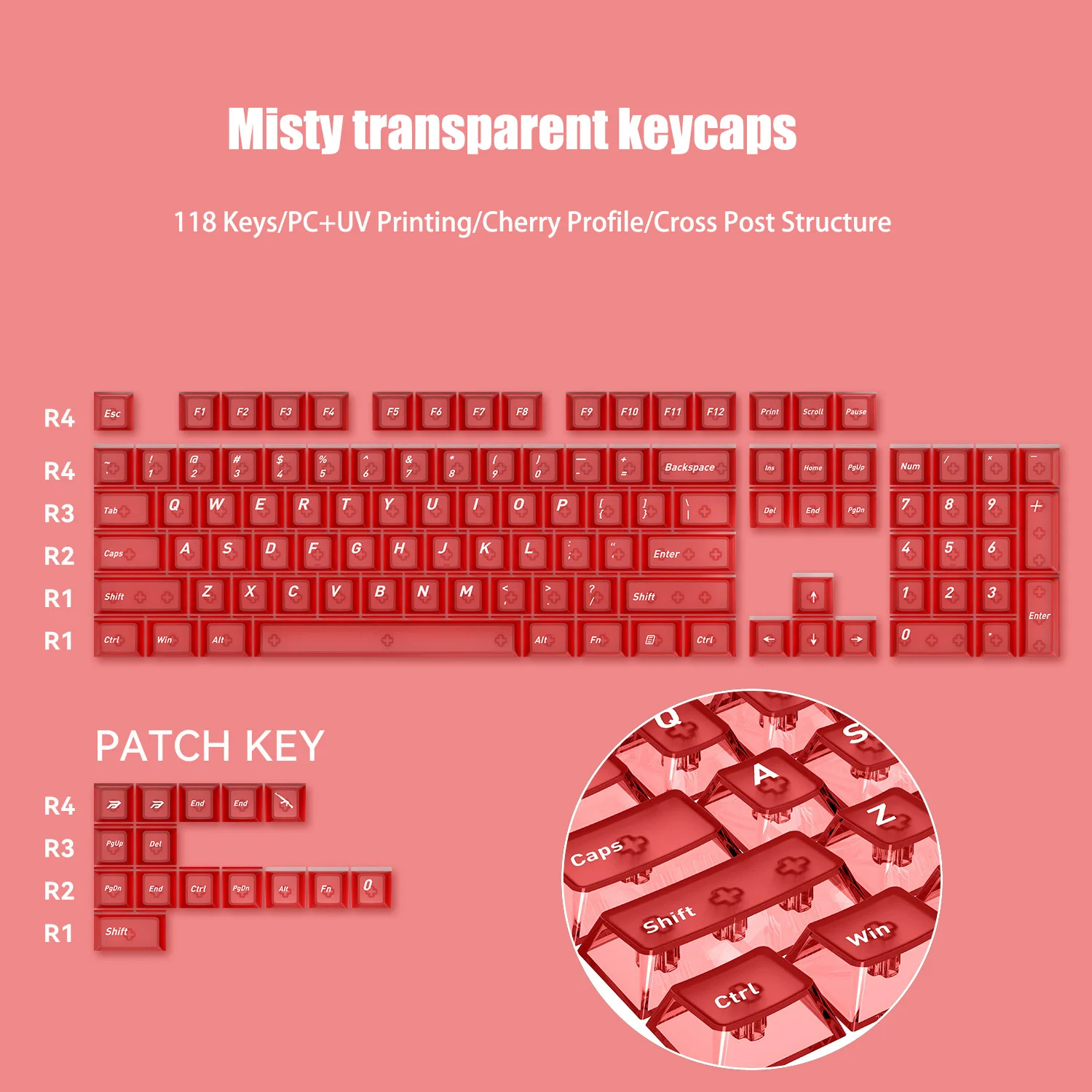 Fog Red Transparent PC Keycaps 118 Keys Double Shot Cherry Profile Key cap for Cherry Gateron MX Switches Mechanical Keyboard