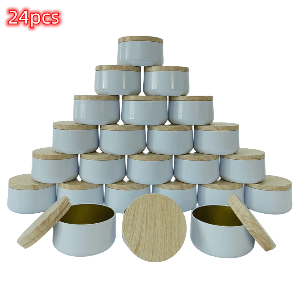 

24PCS White Candle Jars Box Round Tinplate Can Wood Grain Lids Cosmetic Pot Containers Tin Empty Storage Box for DIY Salves Skin