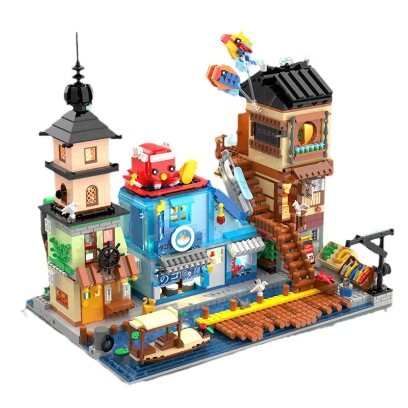 Creative Hokkaido Port Japan Street View Mini Block Streetscape Octopus Restaurant Seafood Fruit Stall Build Brick Model Toy