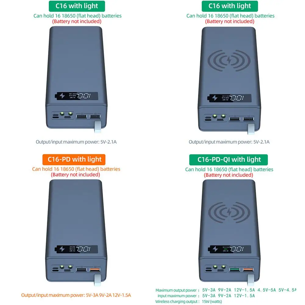 보조배터리 박스 무선 충전 플랫 헤드 배터리 충전기, 외부 케이스 2 개, USB 출력 3 개 입력 포트, 16X18650 배터리 박스, 조명 포함