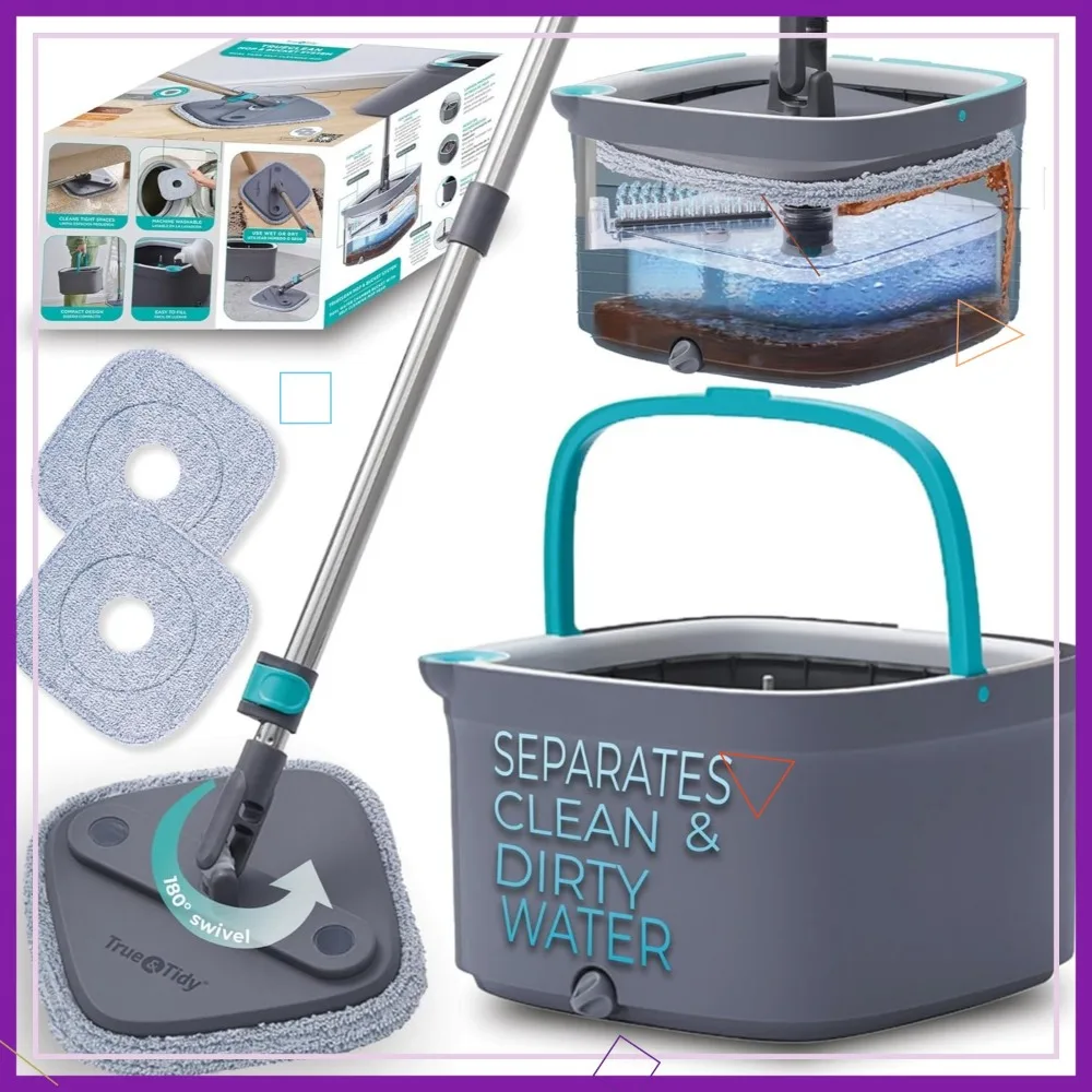 

Dual Compartment Spin Mop System - 360° Swivel Head, Built-in Scrubbing Brush, Stainless Steel Handle & Reusable Pads