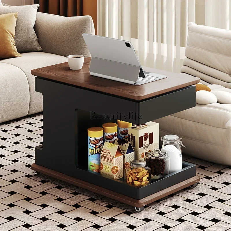 NN Italian minimalist solid wood trolley side table, movable lifting side table