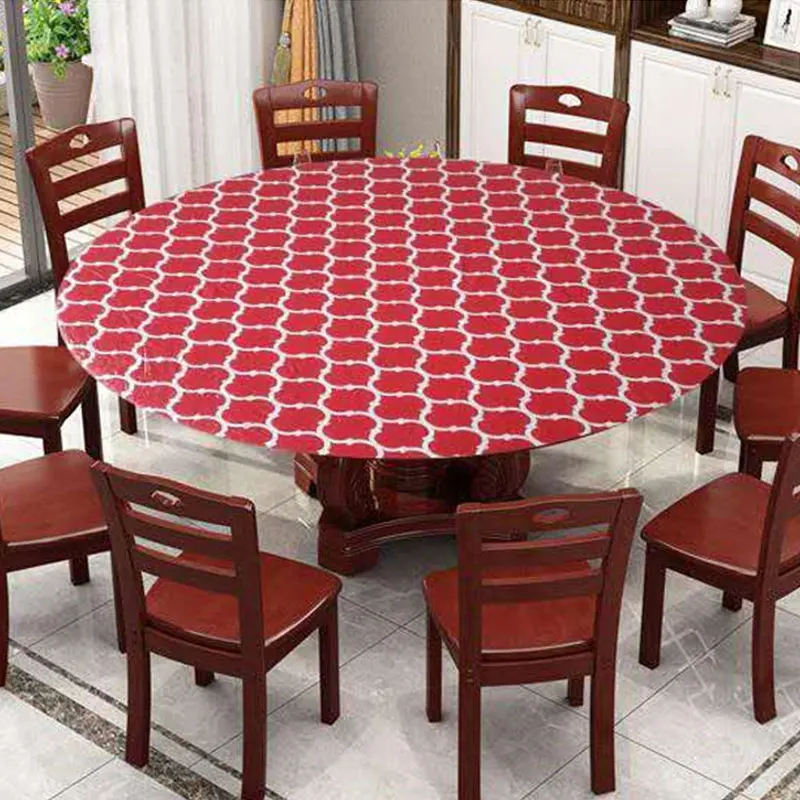 1pcs Elastic Edged Vinyl Fitted Tablecloth Round Flannel Backed Table Cover Oil & Waterproof Wipeable Table Cloth Dining Table