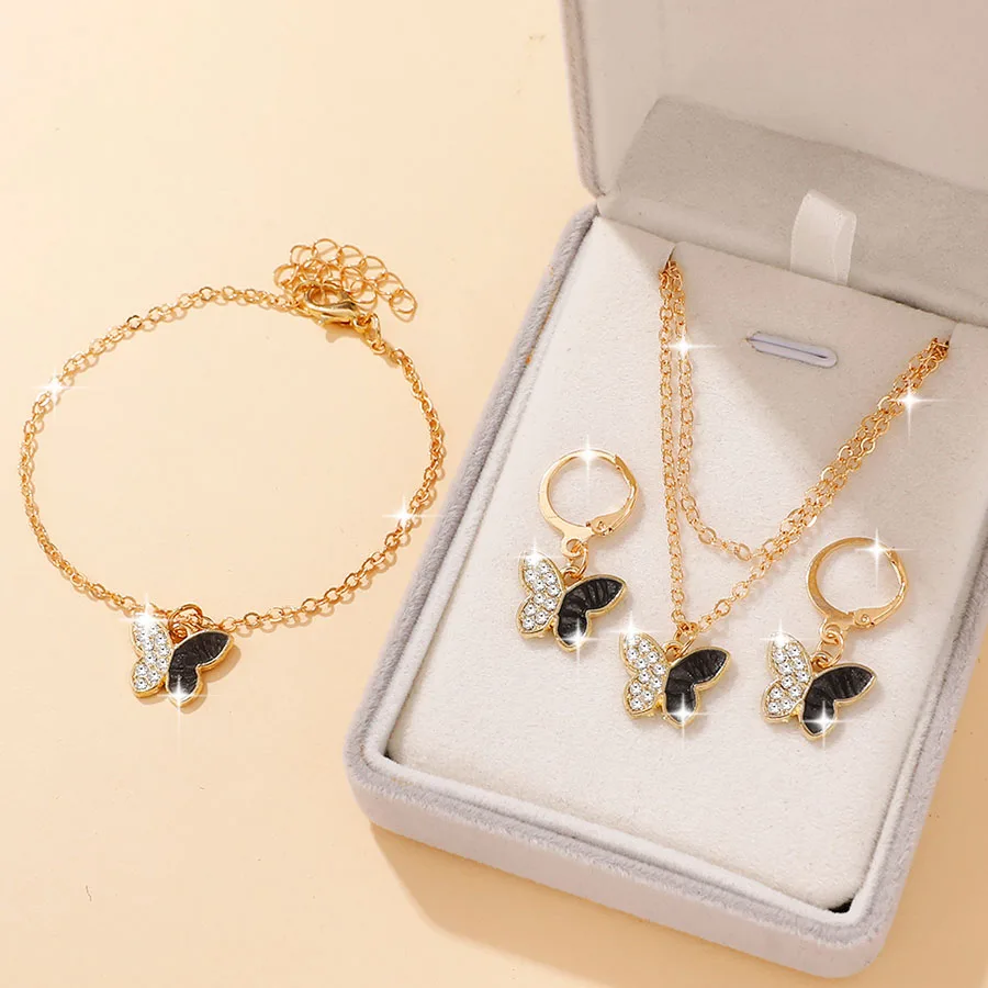 4PCS Bohemian Butterfly Jewelry Set for Women, Necklace Bracelet Hoop Earrings, Sweet Gift for Women Daily