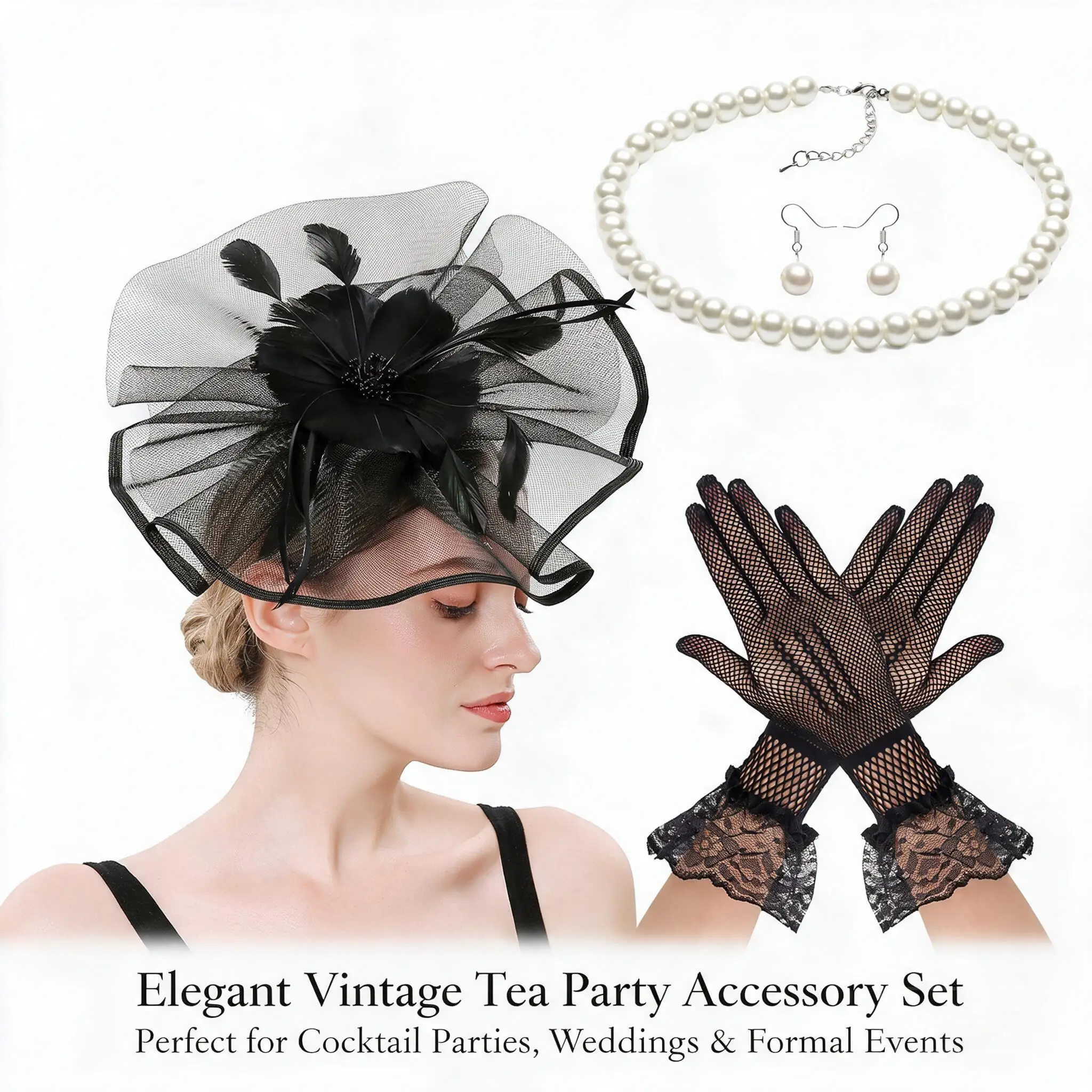 Vintage Mesh Feather Flower Fascinator Hat 4pcs Set Pearl Necklace Earrings Lace Gloves For Wedding Banquet Cocktail Party Brida