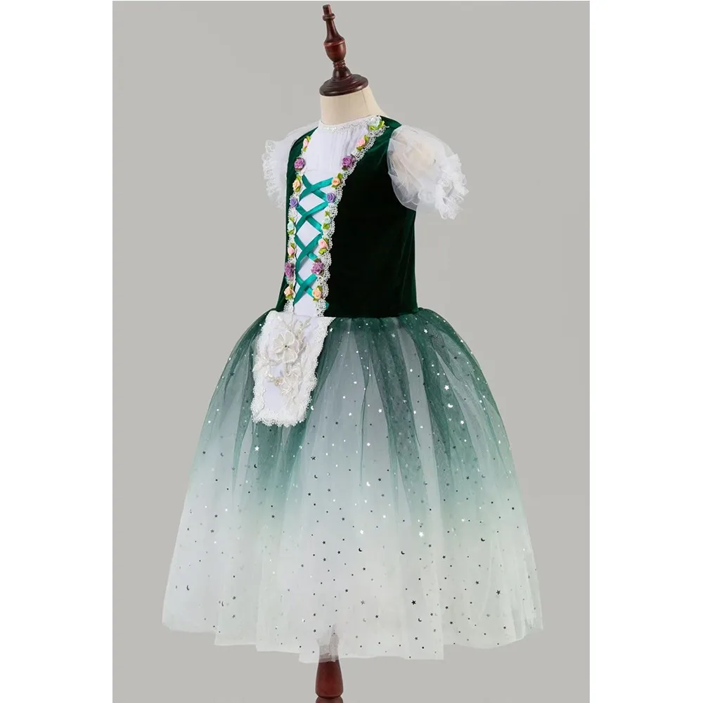 Vestido longo de balé tutu para crianças, saia profissional Giselle para meninas e mulheres, saia verde para crianças, trajes de bailarina dançantes