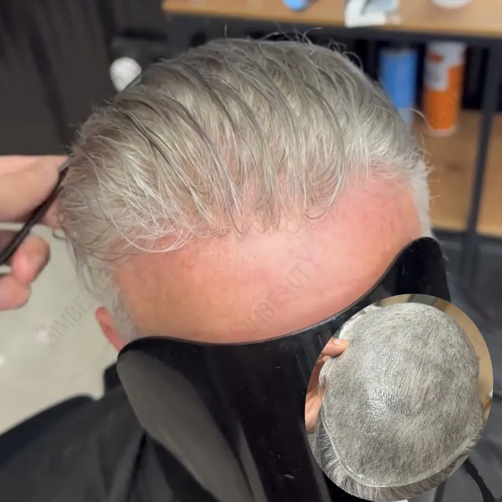 الرجال الشعرية الاصطناعية الطبيعية أسود رمادي رجل شعر مستعار الأوروبي الشعر البشري 0.03 مللي متر الخامس يحلق رقيقة جدا الجلد استبدال الشعر المستعار