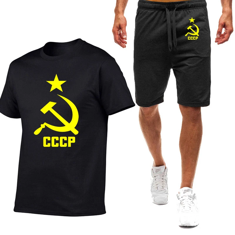 

2025 Summer Men CCCP Russian Logo Fashion USSR Soviet Union Print Trendy Round Neck T-Shirt+Casual Sports Shorts Solid Color Set