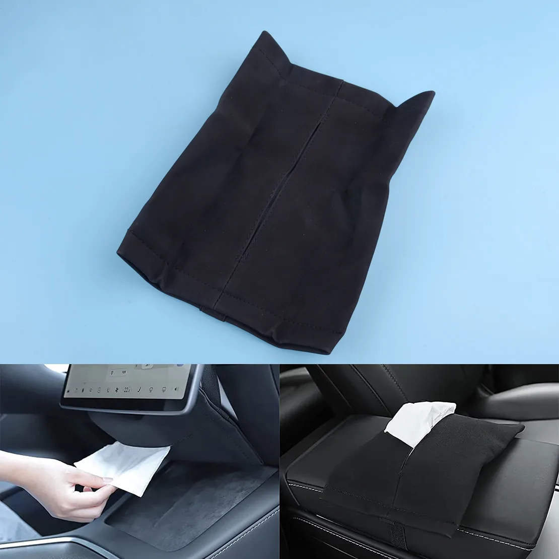 

Black Suede Hidden Tissue Holder for Tesla Model 3/Y/S/X - Hanging Napkin Box Organizer for Backseat, Sun Visor & Below Screen