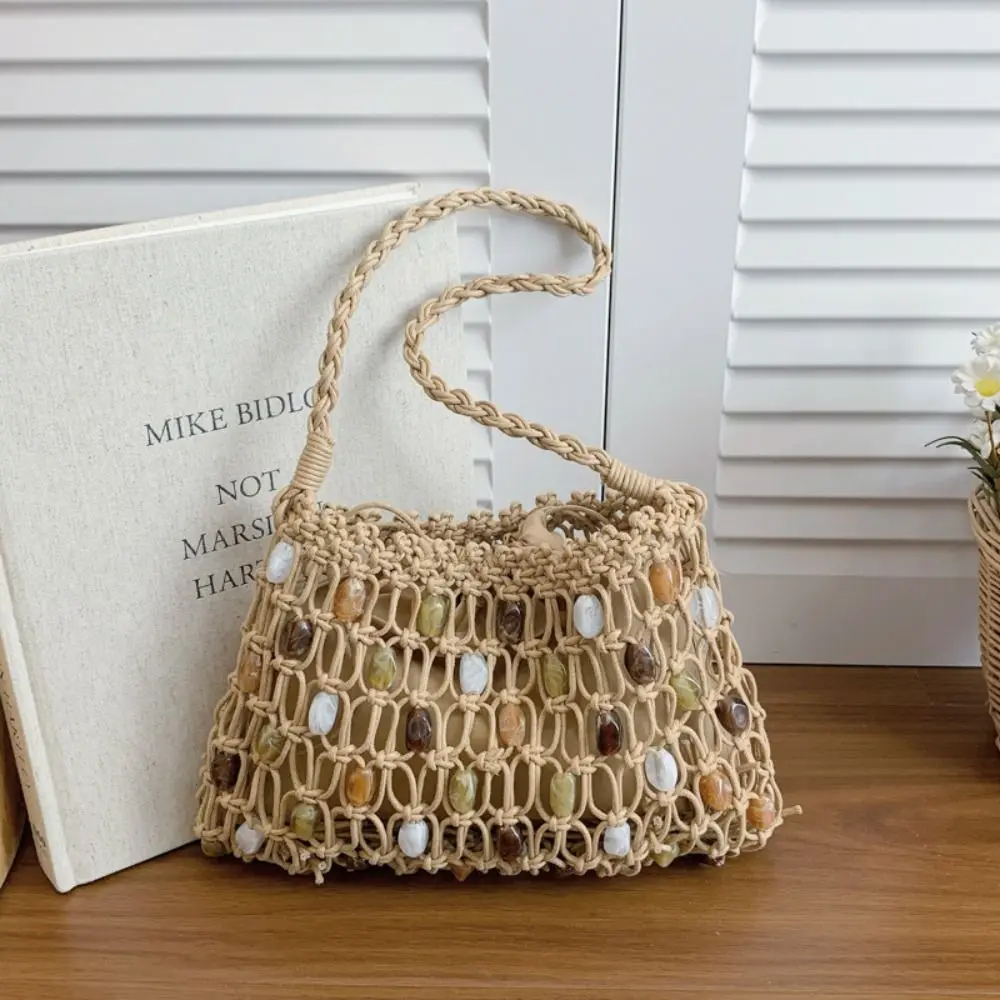 

Cute Korean Style Beaded Woven Bag Handmade Ethnic Style Hollow Out Shoulder Bag Handbag Braided Crochet Tote Bag Outdoor