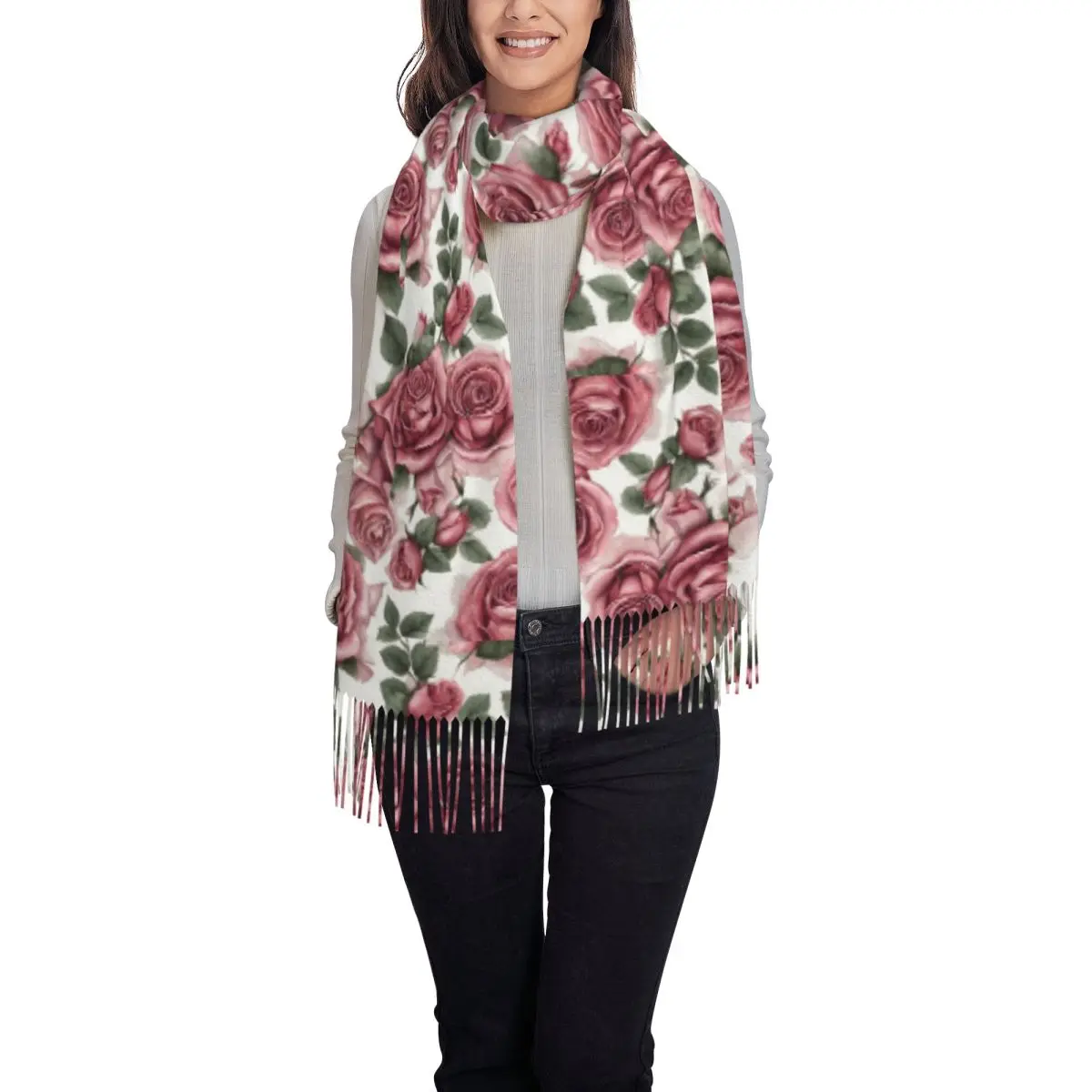 Sciarpa con rose rosa Sciarpe con nappe Scialli e stole morbidi e caldi da donna Grande scialle autunno inverno