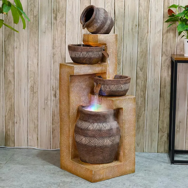 European Multi-Tier Jar Cascading Water Decor Indoor Desktop Landscape Ornament Embossed Pattern Jar Body Vertical Ladder Layout