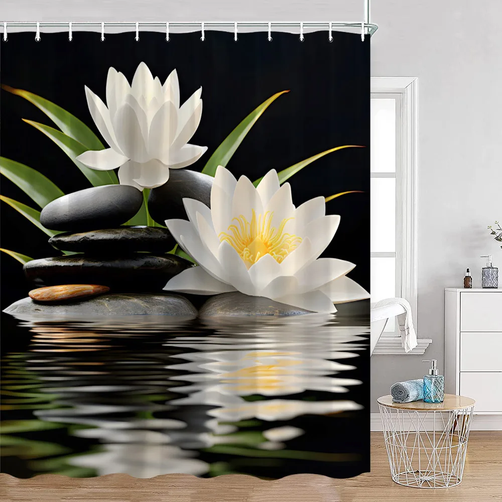 Zen Shower Curtains Black Stone Green Bamboo Lotus Spa Candle Purple Orchid Natural Leaf Bathroom Curtain Meditation Bath Decor