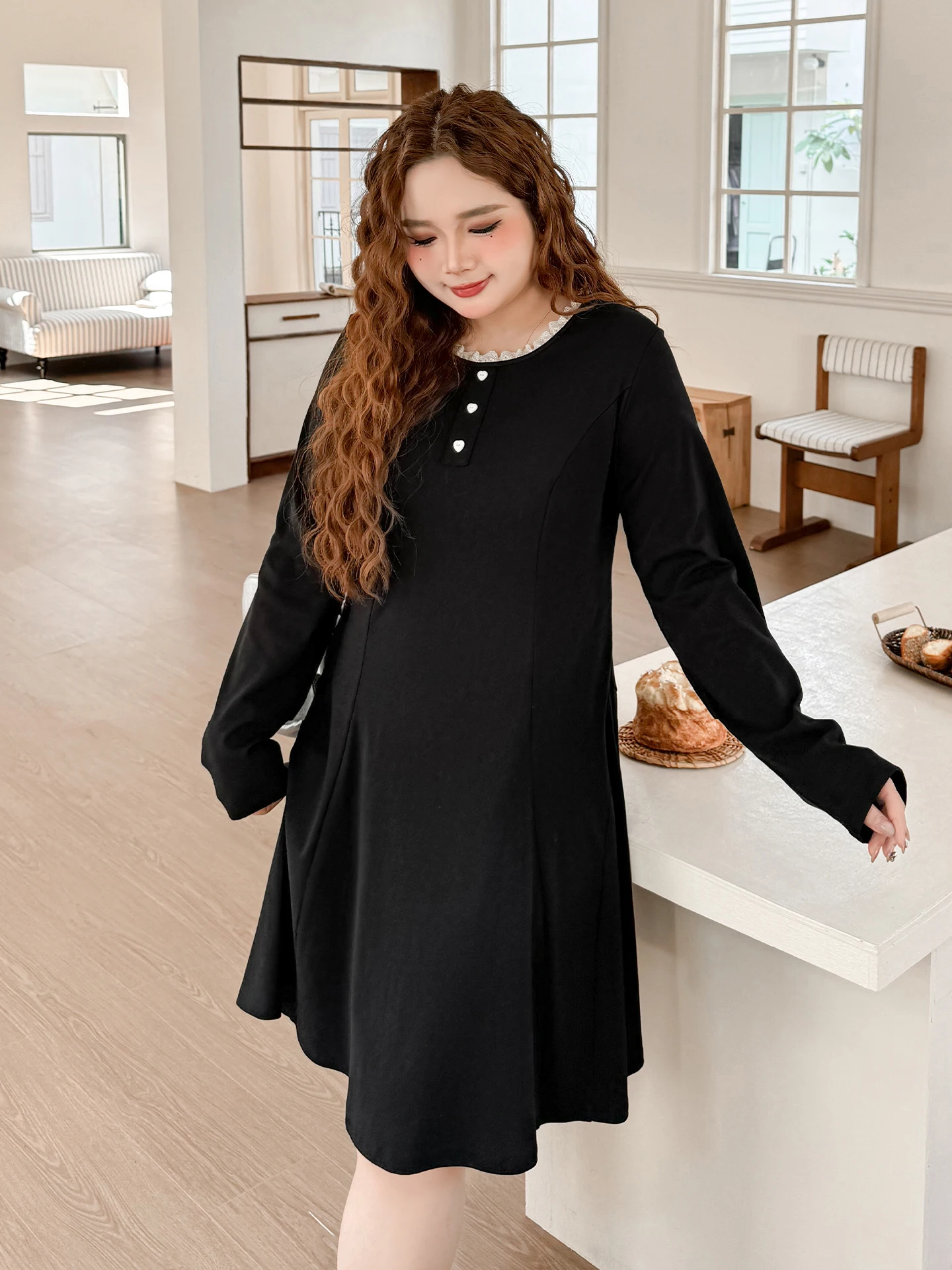 

plus Size Women's Spring Dr round Ne High Waist Long Sve Gored Skirt Cotton A-Line Midi Dr for Heavy Girls