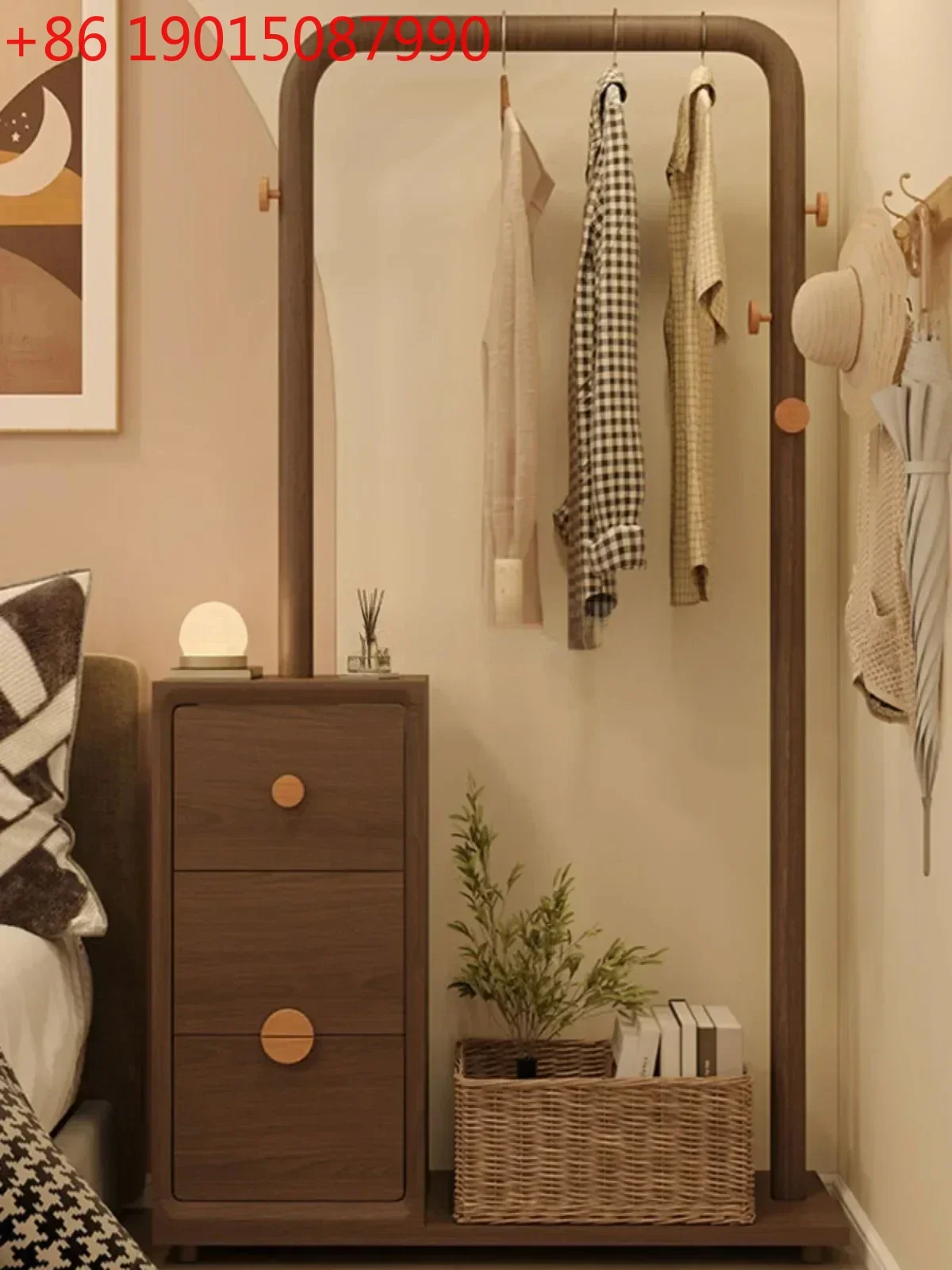 

Black walnut floor-to-ceiling coat rack bedside table