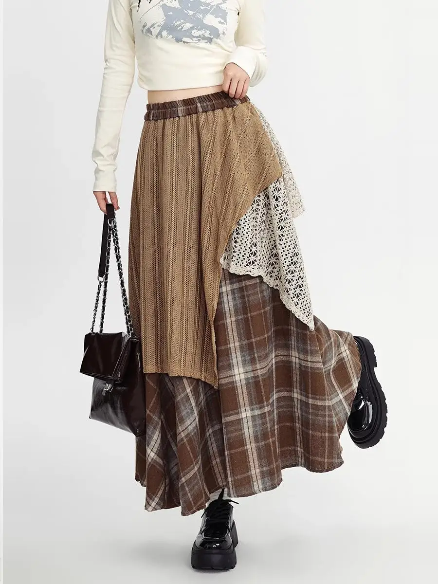 

Винтажная пост Апокалиптическая макси-юбка, асимметричная клетчатая юбка трапециевидной формы с кружевной отделкой Mori Kei, эстетическая темная академия, дистиопский коттедж