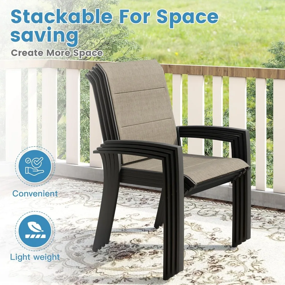 Juego de comedor para patio al aire libre de 11 piezas, 10 sillas de comedor de textileno acolchadas apilables marrones y 60 mesas de comedor redondas de metal de nogal