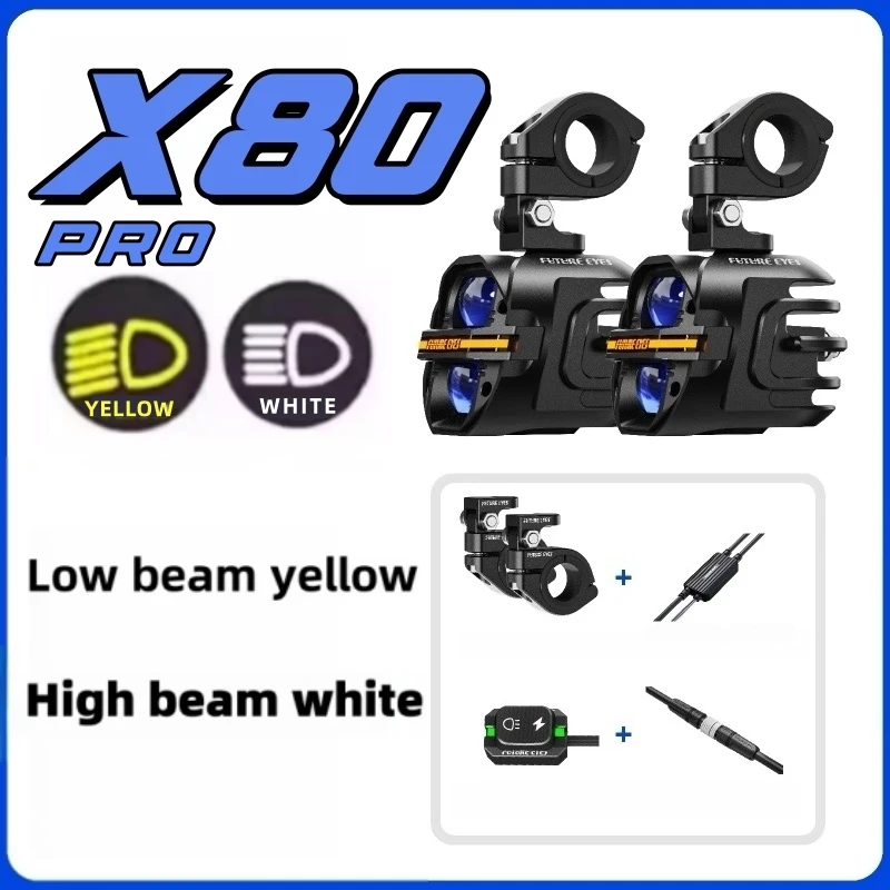 FUTURE EYES X80pro LED-spotlights voor motorfietsen en elektrische voertuigen, met geïntegreerde grootlicht- en dimlichtfunctie met knipperlicht.