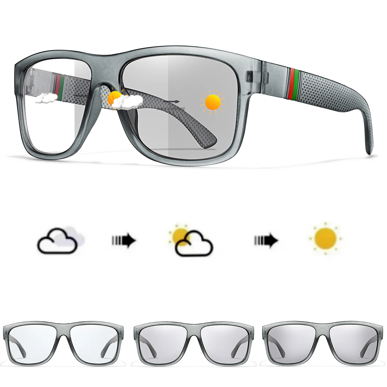 Photochrome Sonnenbrille mit quadratischem Rahmen für Radfahren, Wandern, Laufen, Männer und Frauen, Sonnenglanz, Farbwechsel, Sandstrand, Trival-Angeln