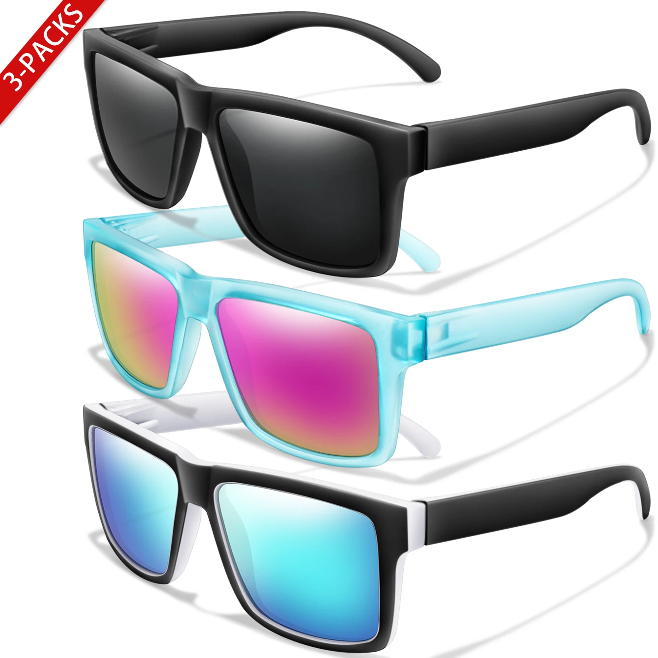 Lunettes de soleil polarisées carrées classiques pour hommes et femmes, Protection UV, lentilles colorées pour le cyclisme en plein air, la pêche et la conduite, 3 pièces