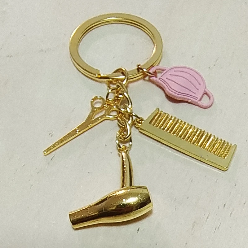 Hair Stylist Must Hair Dryer Scissors Comb Mask Decoration Key Chain Hairdresser Gift Key Ring Hair Dryer Key Ring