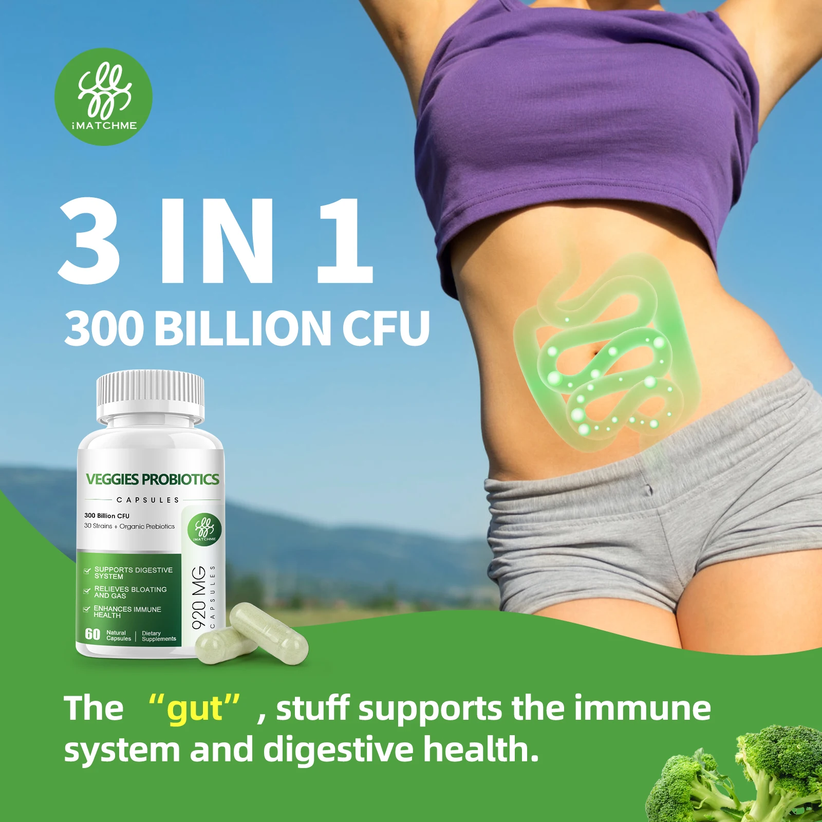 Organic Probiotics 300 Billion CFU – 30 Probiotic strains + Promotes Digestive & Immune –Gas, Bloating, Constipation Support